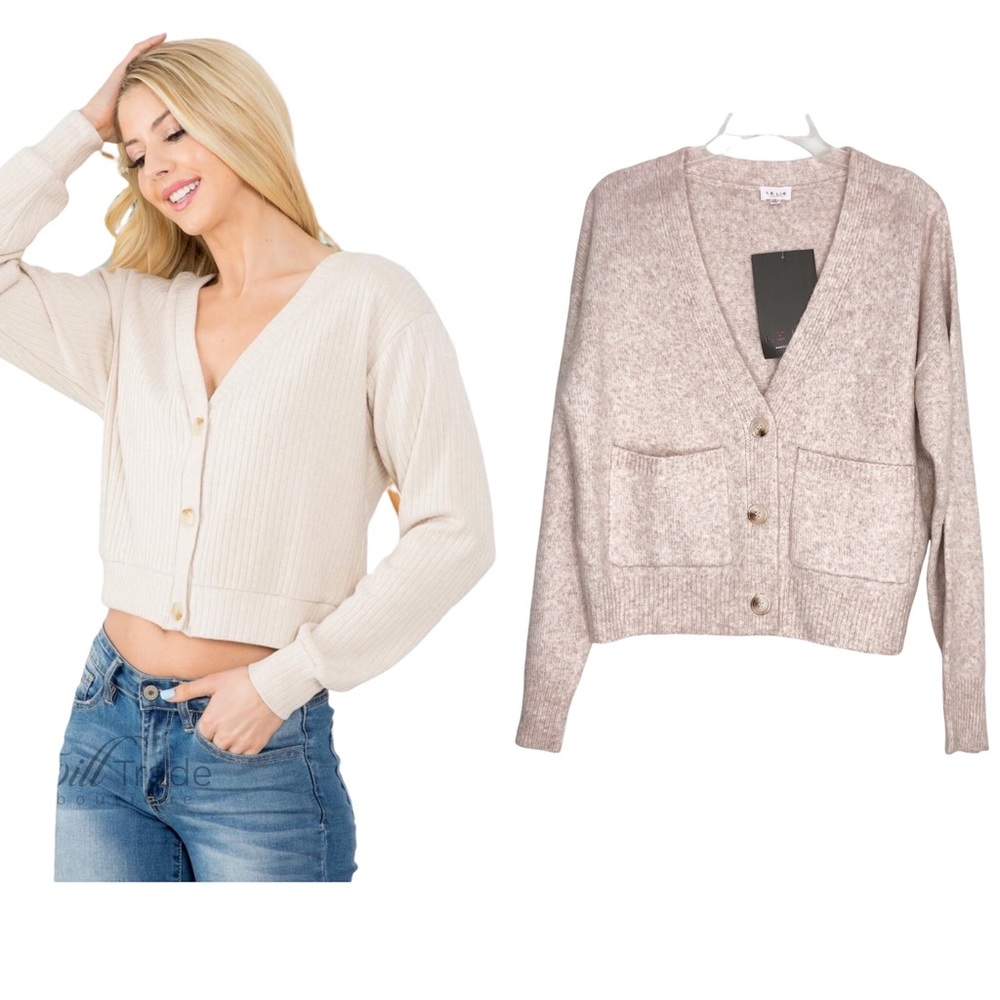 Le Lis Cropped cardigan Oatmeal Cream V neck Button Down Relax Womens Size Small